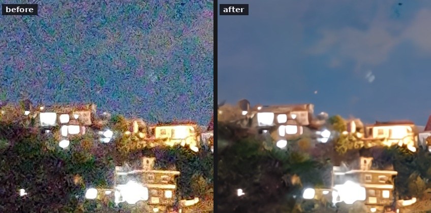 A night photograph of a hillside town at full resolution: the sky full of coloured noise before, and clean after, with the houses unchanged.