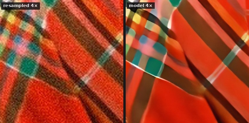A magnified crop, resampled against the same crop enlarged by a model.