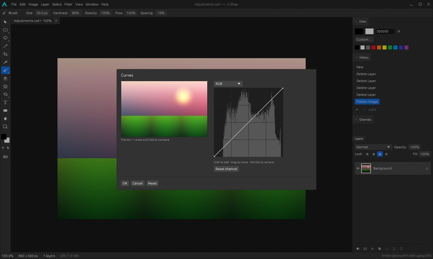 The Curves window with a live histogram behind the curve.