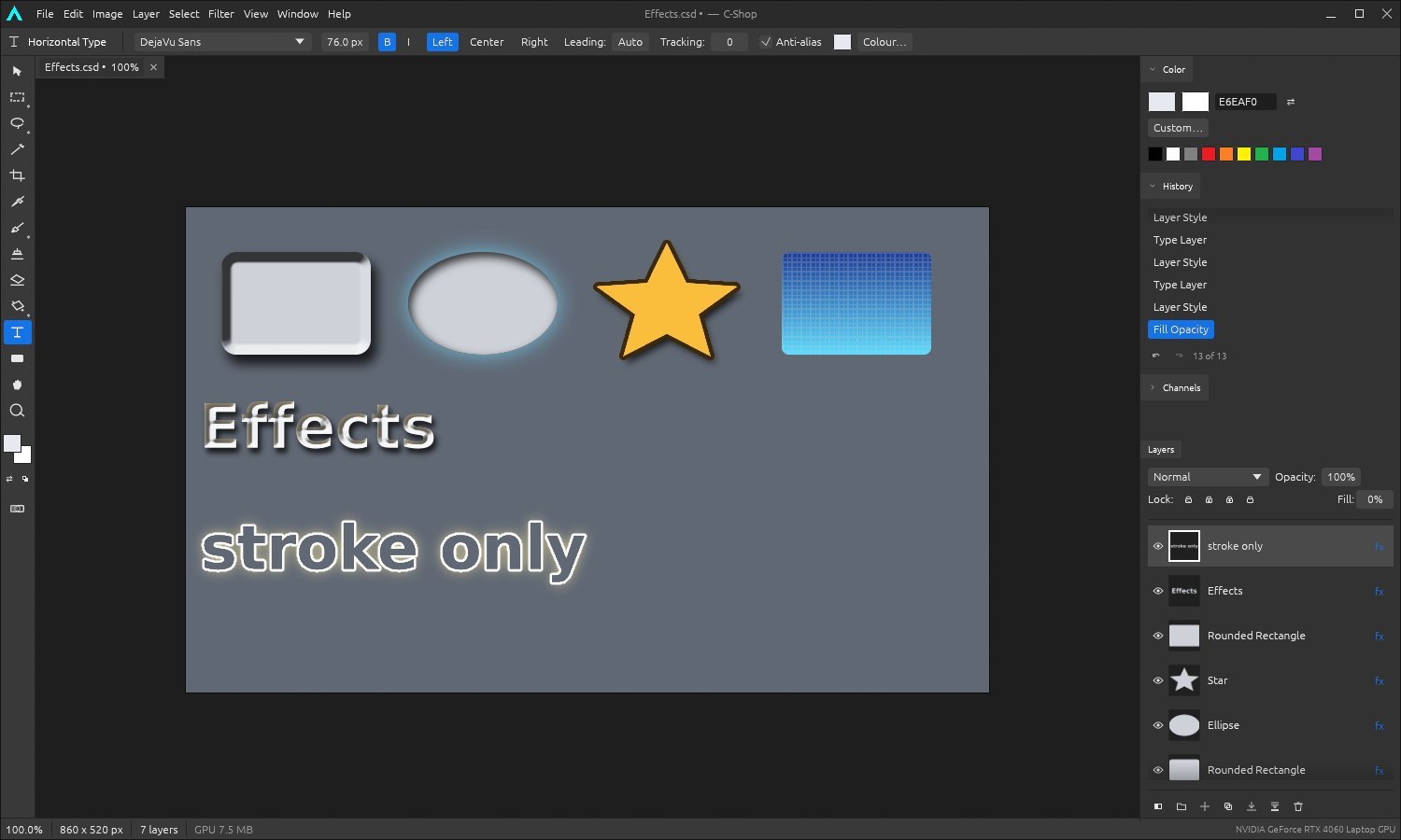 The Layer Style window with a drop shadow and stroke applied.