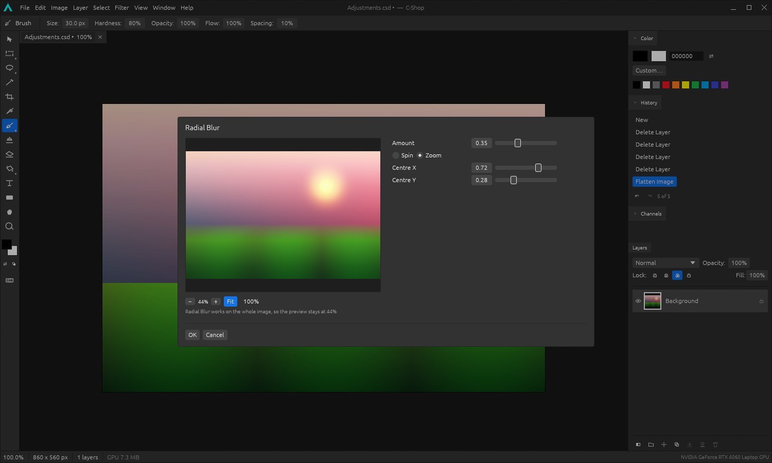 The filter window showing a zoomable full-resolution preview.