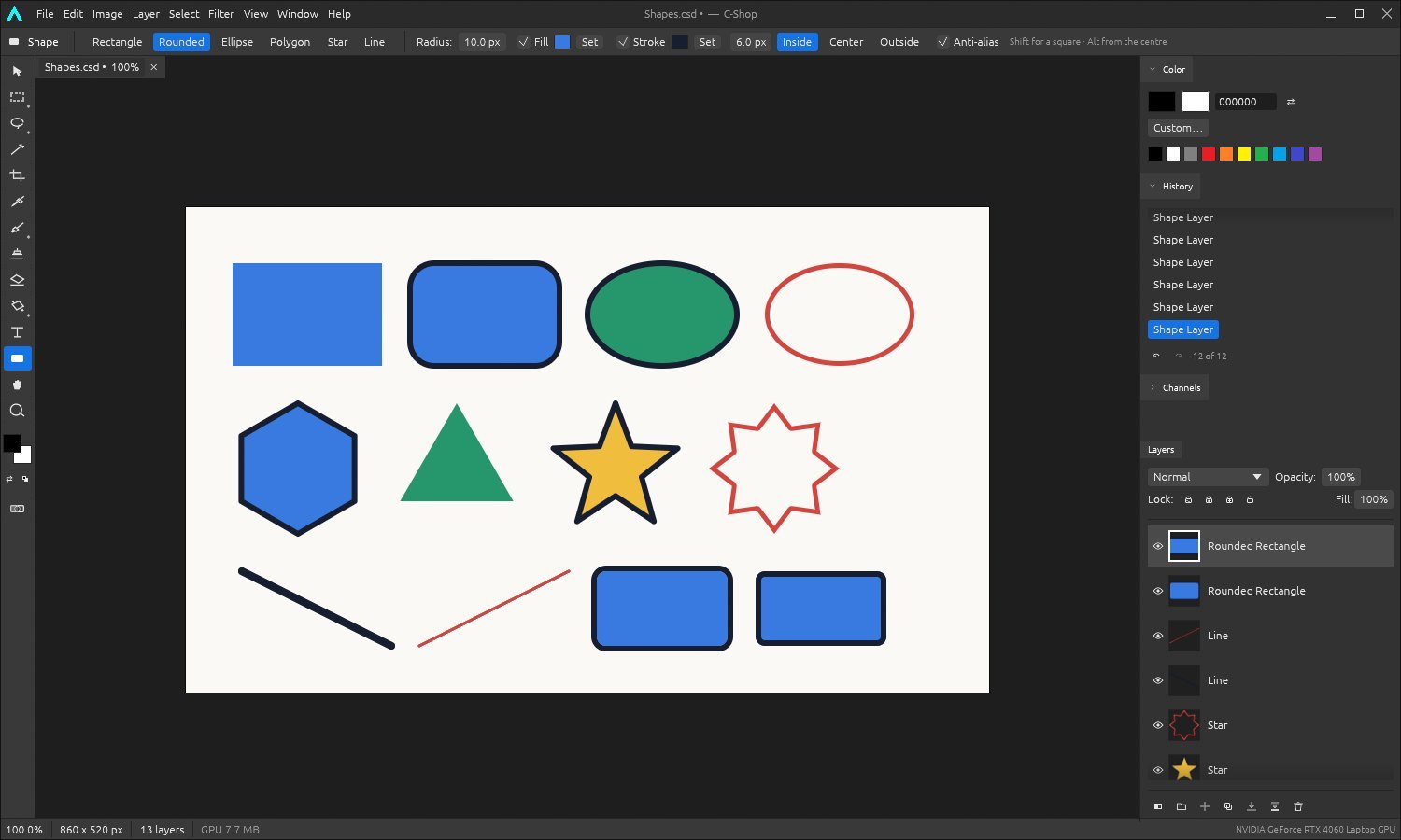 Vector shape layers and Bézier paths on the canvas.