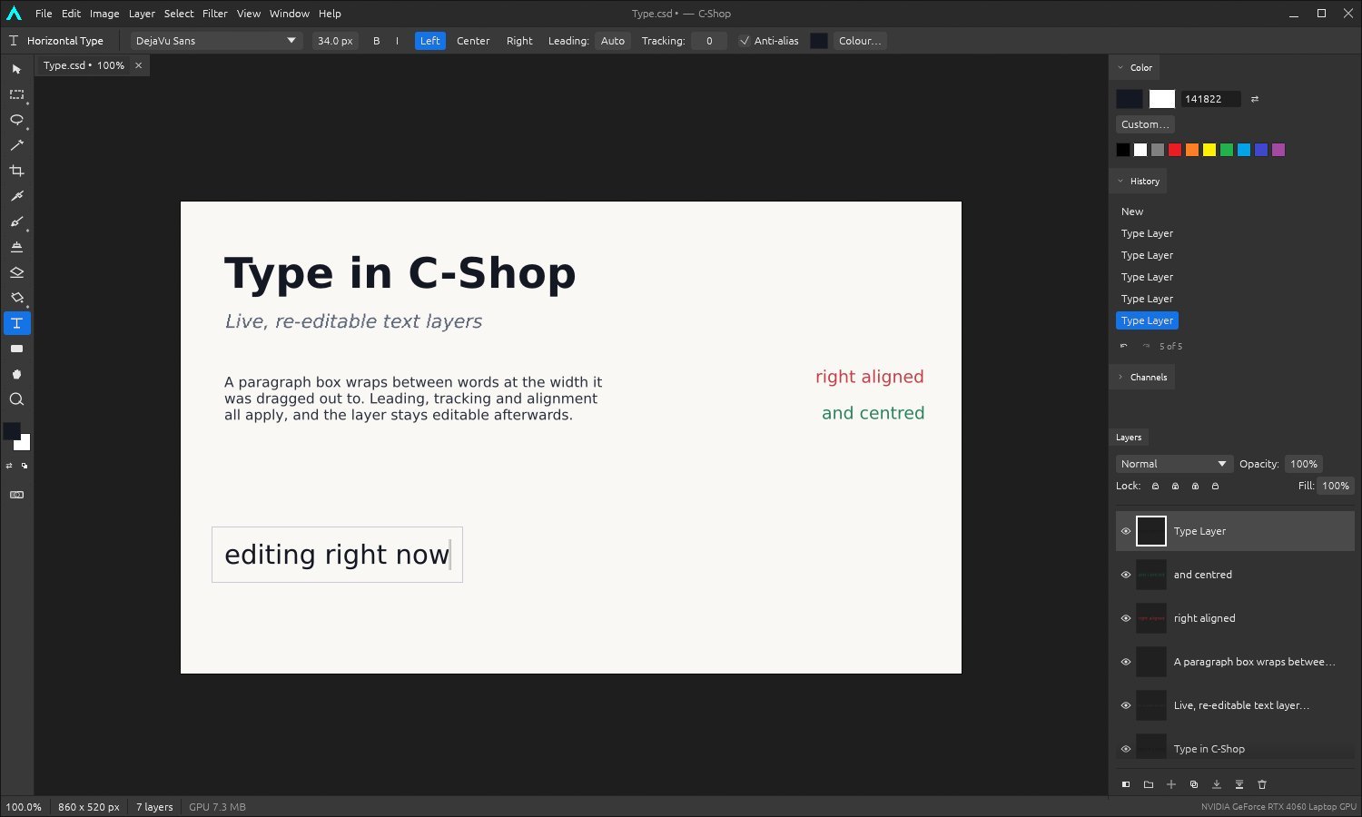 A re-editable type layer being edited on the canvas.