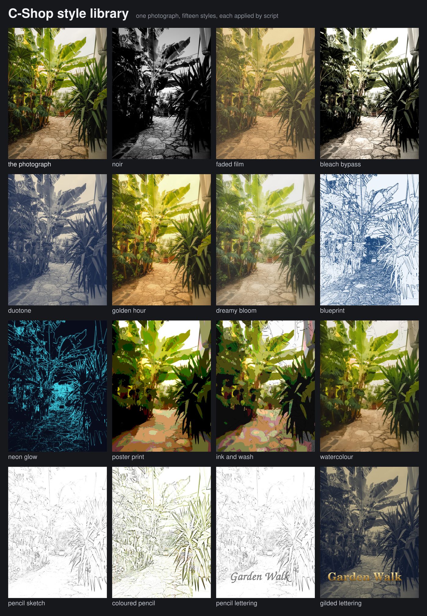 A contact sheet of the same photograph under seventeen different styles.